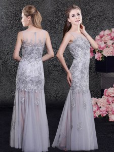 Grey Zipper Scoop Lace and Appliques Mother of Groom Dress Tulle Sleeveless
