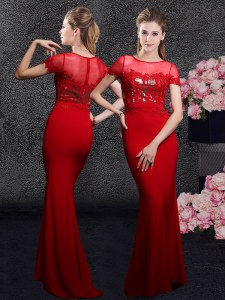Scoop Red Elastic Woven Satin Zipper Mother of the Bride Dress Short Sleeves With Brush Train Appliques and Sequins