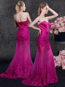 Suitable Fuchsia Mermaid Satin and Tulle Sweetheart Sleeveless Lace and Appliques Floor Length Zipper Mother Dresses Sweep Train
