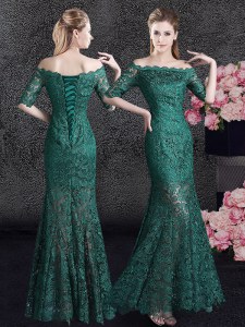 Exceptional Mermaid Scalloped Dark Green Lace Lace Up Mother of Groom Dress Half Sleeves Floor Length Lace