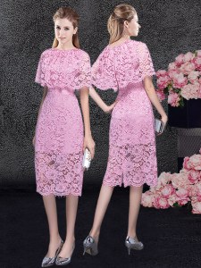 Ideal Scoop Pink Half Sleeves Knee Length Lace Zipper Mother of the Bride Dress