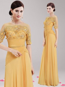 Chic Scoop Half Sleeves Mother of the Bride Dress Floor Length Appliques and Belt Gold Chiffon