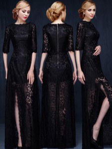 Delicate Black Lace Zipper Scoop Half Sleeves Floor Length Mother of Bride Dresses Lace