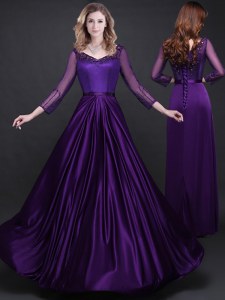Wonderful Purple Empire Appliques and Belt Mother of Bride Dresses Lace Up Elastic Woven Satin Long Sleeves Floor Length