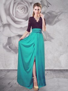 Dazzling Floor Length Turquoise Mother Dresses Elastic Woven Satin Half Sleeves Lace
