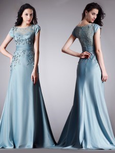 Stylish Scoop Cap Sleeves Floor Length Zipper Mother of Groom Dress Light Blue for Prom with Appliques