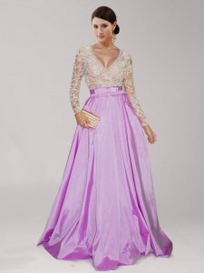 Long Sleeves Floor Length Zipper Mother of Bride Dresses Lilac for Prom with Beading and Belt