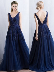 Spectacular Backless Navy Blue Sleeveless Brush Train Appliques and Belt With Train Mother of Groom Dress