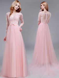 Dazzling With Train Baby Pink Mother of Groom Dress V-neck 3 4 Length Sleeve Brush Train Zipper