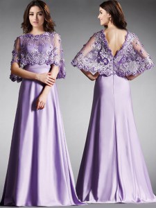 Hot Selling Scoop Lavender Satin Zipper Mother of the Bride Dress Half Sleeves Floor Length Lace