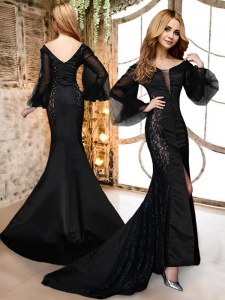 Modest Mermaid Black Mother of the Bride Dress Prom and For with Lace V-neck Long Sleeves Brush Train Zipper