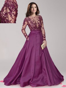Scoop Dark Purple Long Sleeves Taffeta Brush Train Zipper Mother of Bride Dresses for Prom