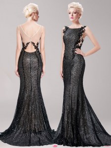 Trendy Mermaid Sequins With Train Black Mother of Groom Dress Square Sleeveless Brush Train Clasp Handle