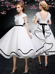 New Style Cap Sleeves Tea Length Lace Zipper Mother Dresses with White