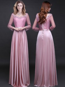 High Quality V-neck Long Sleeves Lace Up Mother Dresses Pink Elastic Woven Satin
