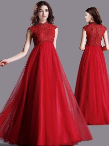 Dynamic Red High-neck Zipper Lace Mother of Groom Dress Cap Sleeves