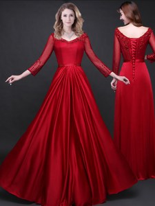 Extravagant Wine Red Long Sleeves Appliques and Belt Floor Length Mother of Bride Dresses