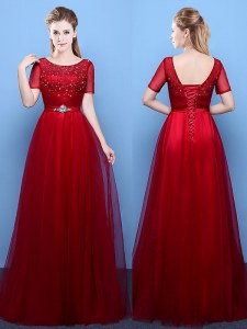 Suitable Scoop Short Sleeves Tulle Floor Length Lace Up Mother of Groom Dress in Wine Red with Beading
