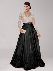 Custom Designed Floor Length Black Mother of the Bride Dress V-neck Long Sleeves Zipper