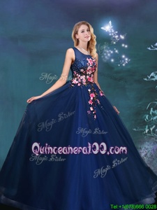 Superior Scoop Sleeveless Lace Up Sweet 16 Dress Navy Blue Tulle
