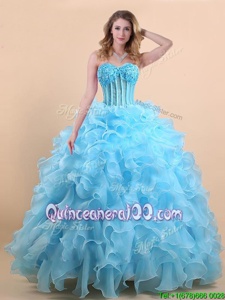 Exceptional Light Blue A-line Organza Sweetheart Sleeveless Appliques and Ruffles Floor Length Lace Up Sweet 16 Dresses