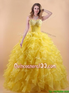 Glittering Yellow A-line Sweetheart Sleeveless Organza Floor Length Lace Up Appliques and Ruffles Ball Gown Prom Dress