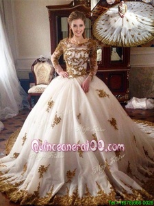 Exquisite White Vestidos de Quinceanera Military Ball and Sweet 16 and Quinceanera and For withAppliques Scoop Long Sleeves Chapel Train Zipper