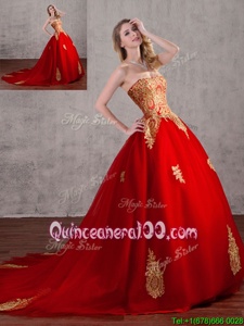 Attractive Red Tulle Lace Up Quinceanera Gowns Sleeveless With Train Court Train Appliques