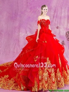 Hot Selling Off the Shoulder Red Sleeveless Court Train Beading and Appliques and Ruffles With Train 15th Birthday Dress