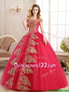 Off the Shoulder Red Tulle Lace Up Quinceanera Dress Sleeveless Floor Length Appliques and Sequins