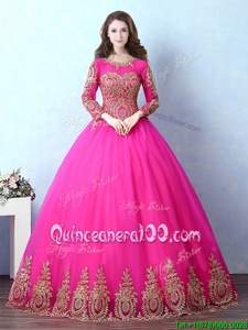 Unique Scoop Floor Length Ball Gowns Long Sleeves Fuchsia Ball Gown Prom Dress Lace Up