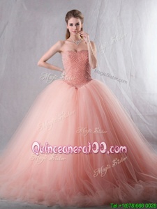 Dynamic Peach Sleeveless With Train Beading Lace Up Vestidos de Quinceanera