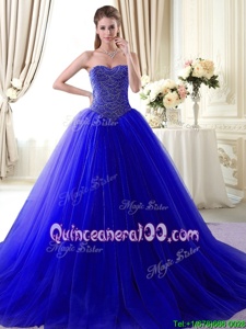 Royal Blue Sleeveless Tulle Brush Train Lace Up Sweet 16 Dresses forMilitary Ball and Sweet 16 and Quinceanera