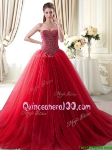 Comfortable Sweetheart Sleeveless Tulle Ball Gown Prom Dress Beading Brush Train Lace Up