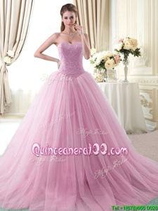Custom Made Sweetheart Sleeveless Sweet 16 Quinceanera Dress With Brush Train Beading Rose Pink Tulle