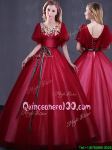 Graceful Scoop Wine Red Ball Gowns Appliques and Belt Sweet 16 Dresses Lace Up Tulle Short Sleeves Floor Length