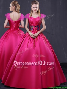 Customized Appliques Ball Gown Prom Dress Hot Pink Lace Up Cap Sleeves Floor Length