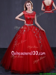 Cheap Red Ball Gowns Scoop Cap Sleeves Tulle Floor Length Lace Up Beading and Belt Sweet 16 Dress