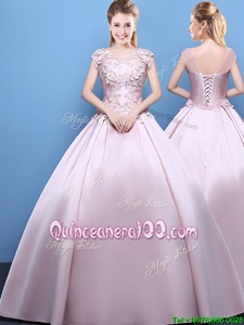 Sweet Ball Gowns Quinceanera Dresses Pink Scoop Satin Cap Sleeves Floor Length Lace Up