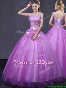 Fancy Lilac Scoop Neckline Beading and Appliques Sweet 16 Quinceanera Dress Sleeveless Lace Up