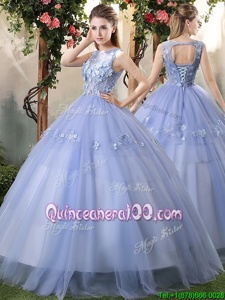 Luxurious Lavender Quinceanera Gown Military Ball and Sweet 16 and Quinceanera and For withAppliques Bateau Sleeveless Lace Up