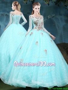Fashionable Scoop Appliques 15 Quinceanera Dress Apple Green Lace Up Long Sleeves Floor Length