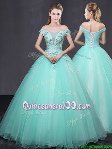 Spectacular Off the Shoulder Apple Green Sleeveless Floor Length Appliques Lace Up Quinceanera Dresses