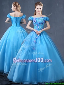 Graceful Baby Blue Ball Gowns Organza Off The Shoulder Short Sleeves Appliques Floor Length Lace Up Quinceanera Gown