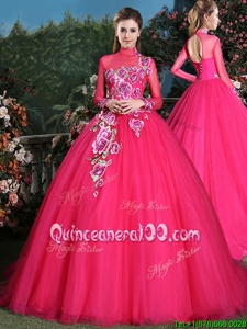 Exquisite High-neck Long Sleeves Brush Train Lace Up Quinceanera Gown Coral Red Tulle