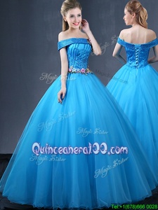 Fine Off The Shoulder Sleeveless Sweet 16 Dress Floor Length Beading and Appliques Baby Blue Tulle