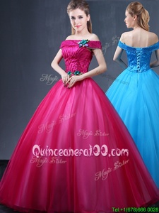 Fantastic Off the Shoulder Sleeveless Floor Length Beading and Appliques Lace Up Quinceanera Gown with Fuchsia