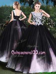 Most Popular Pink And Black Sweet 16 Dresses Military Ball and Sweet 16 and Quinceanera and For withAppliques and Ruffles Scoop Sleeveless Lace Up