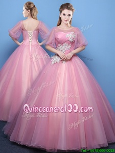 Pink Scoop Lace Up Appliques Quinceanera Gown Half Sleeves