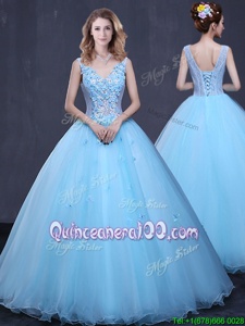 Stunning Floor Length Light Blue Sweet 16 Quinceanera Dress Tulle Sleeveless Spring and Summer and Fall and Winter Lace and Appliques
